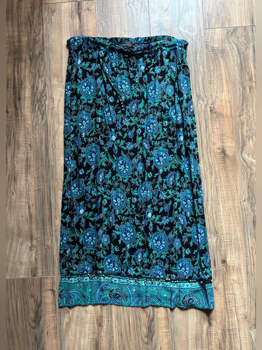 Elementz Vintage Y2K Floral Maxi Skirt Black Blue Turquoise Rayon L Front Tie